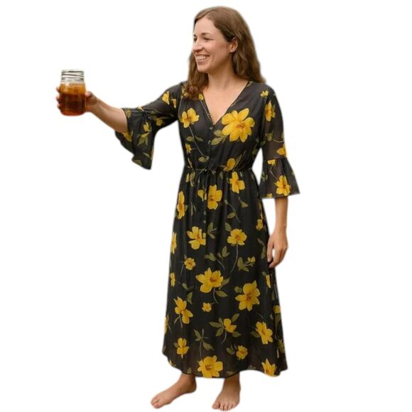 NEW POL Small Sheer Midi Maxi Dress Lingerie Cover-Up Black Yellow Floral Print - Picture 1 of 16